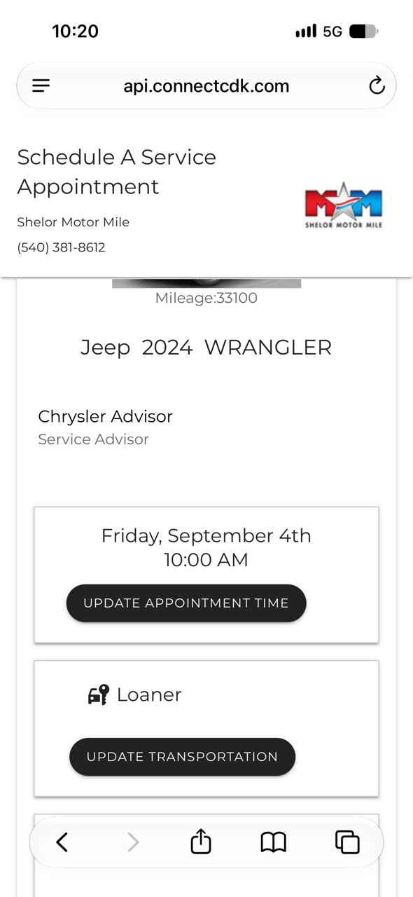 Screenshot of Shelor Motor Mile service portal showing Loaner selected as transportation mode for the September 4th appointment